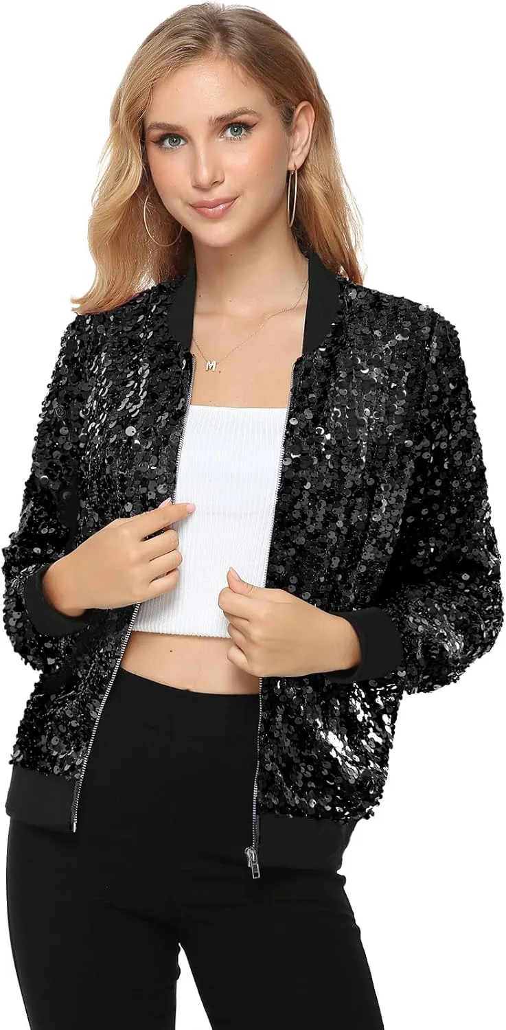 Womens Long Sleeve Sequin Open Front Zipper Jacket with Ribbed Cuffs