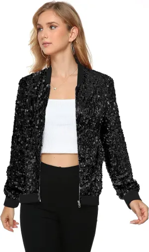 Womens Long Sleeve Sequin Open Front Zipper Jacket with Ribbed Cuffs