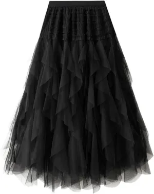 Womens Multilayer Ruffles Skirt Midi Long Fairy Skirt High Low Layered A-line Midi Skirt Irregular Tutu for Women