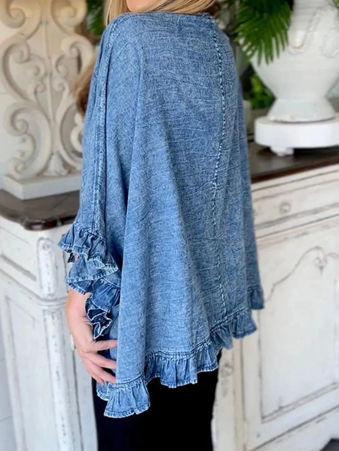 Women's Oversized Denim Cardigan Casual Ruffle Half Sleeve Open Front Denim Jacket Flowy Ruffle Hem Jean Jackets