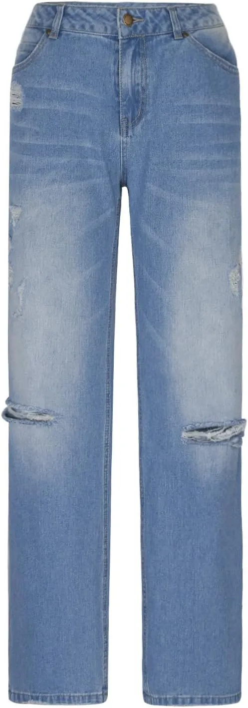 Women's Ripped High Waist Boyfriend Jeans Stretch Baggy Denim Pants Distressed Casual Straight Leg Loose Fit Jeans