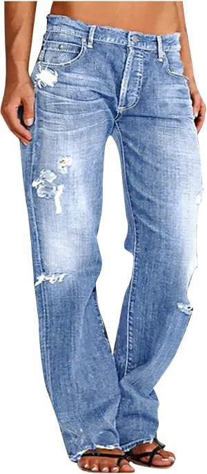 Women's Ripped High Waist Boyfriend Jeans Stretch Baggy Denim Pants Distressed Casual Straight Leg Loose Fit Jeans