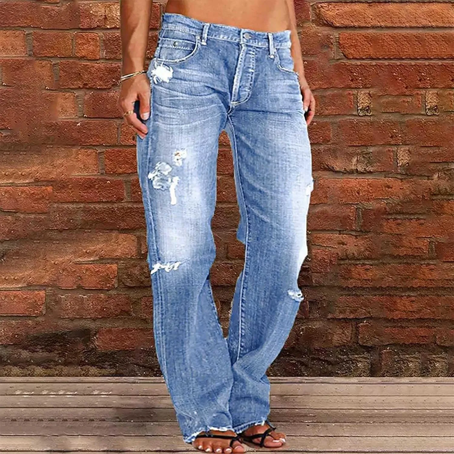 Women's Ripped High Waist Boyfriend Jeans Stretch Baggy Denim Pants Distressed Casual Straight Leg Loose Fit Jeans