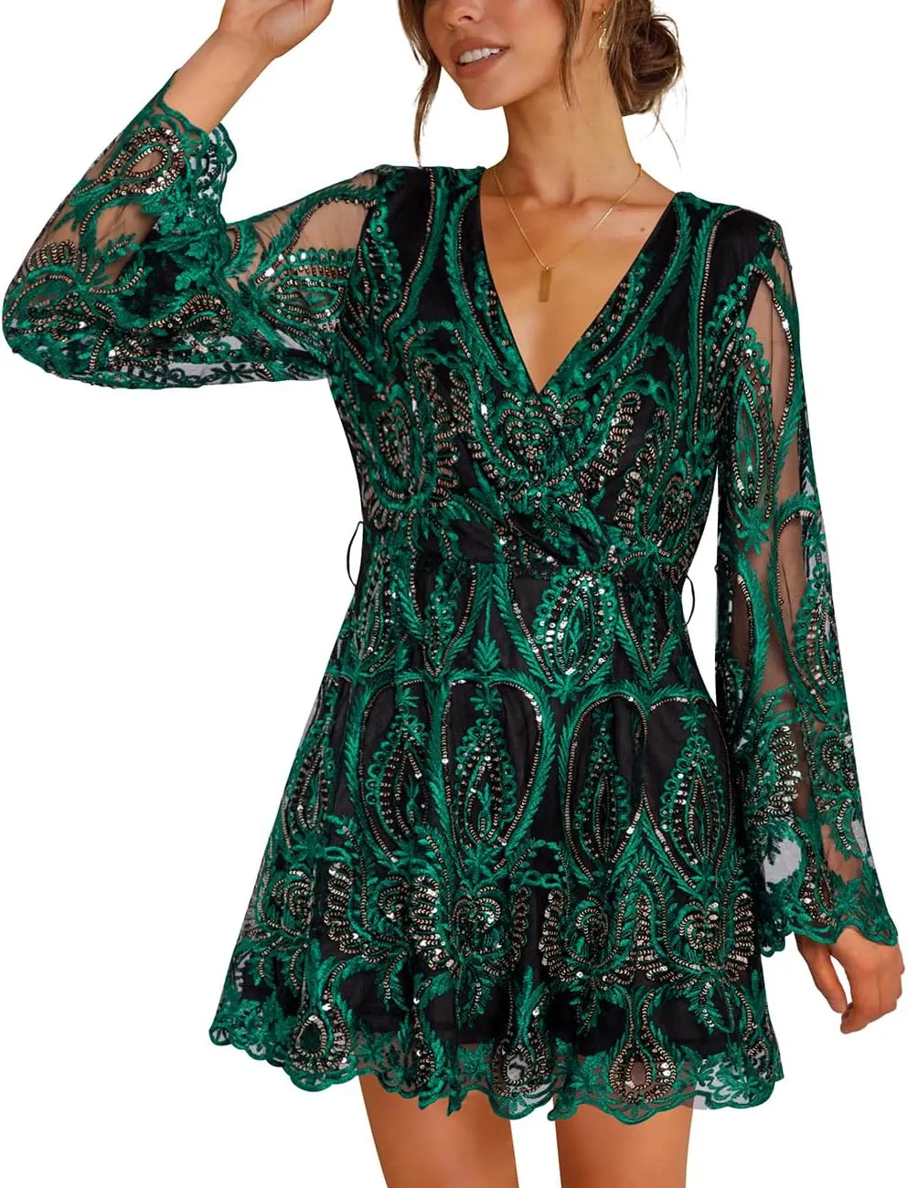 Women's Sequin Dress Long Sleeve Deep V Neck Embroidery Event Party Cocktail Mini Skater Dresses