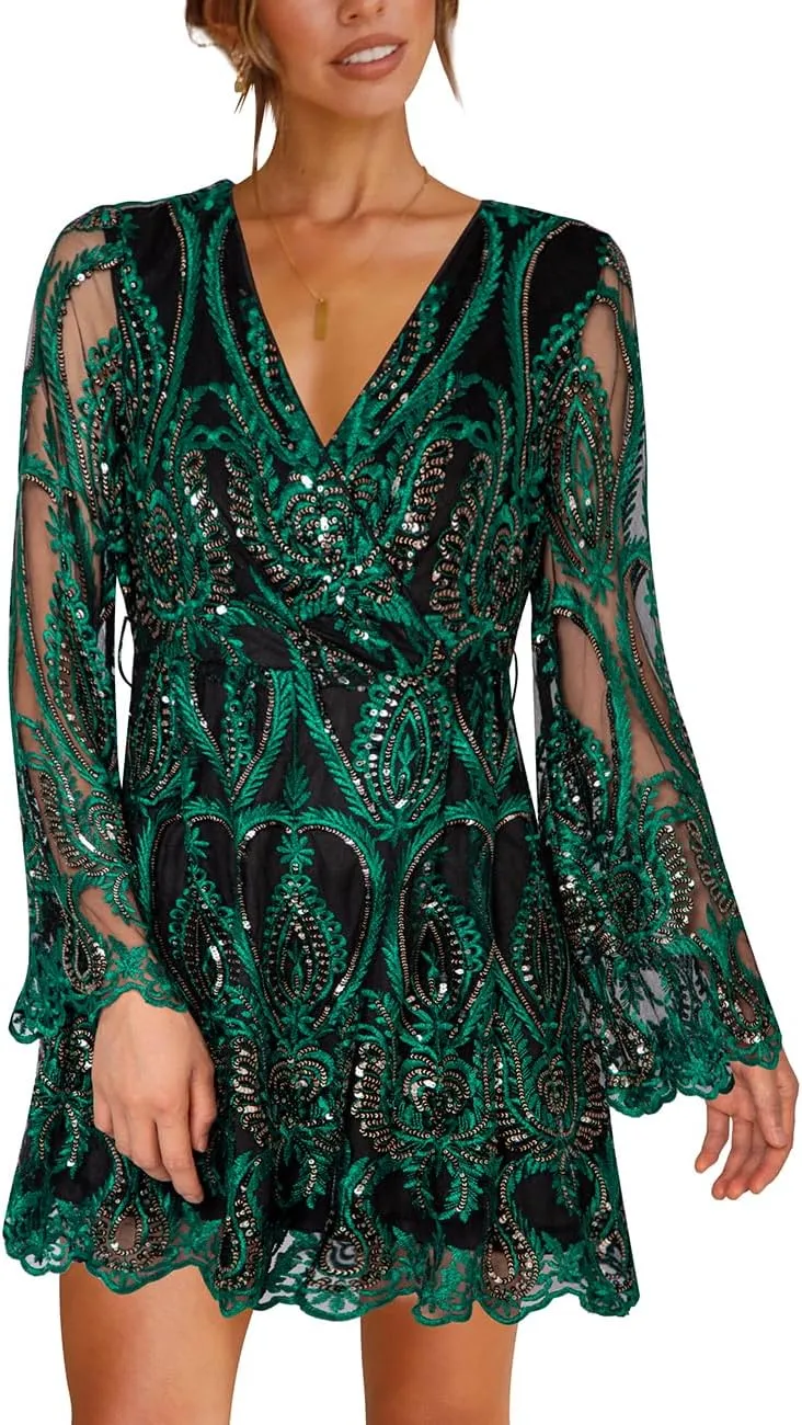 Women's Sequin Dress Long Sleeve Deep V Neck Embroidery Event Party Cocktail Mini Skater Dresses