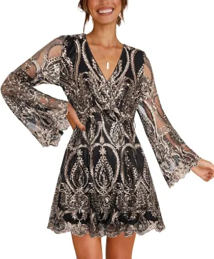 Women's Sequin Dress Long Sleeve Deep V Neck Embroidery Event Party Cocktail Mini Skater Dresses