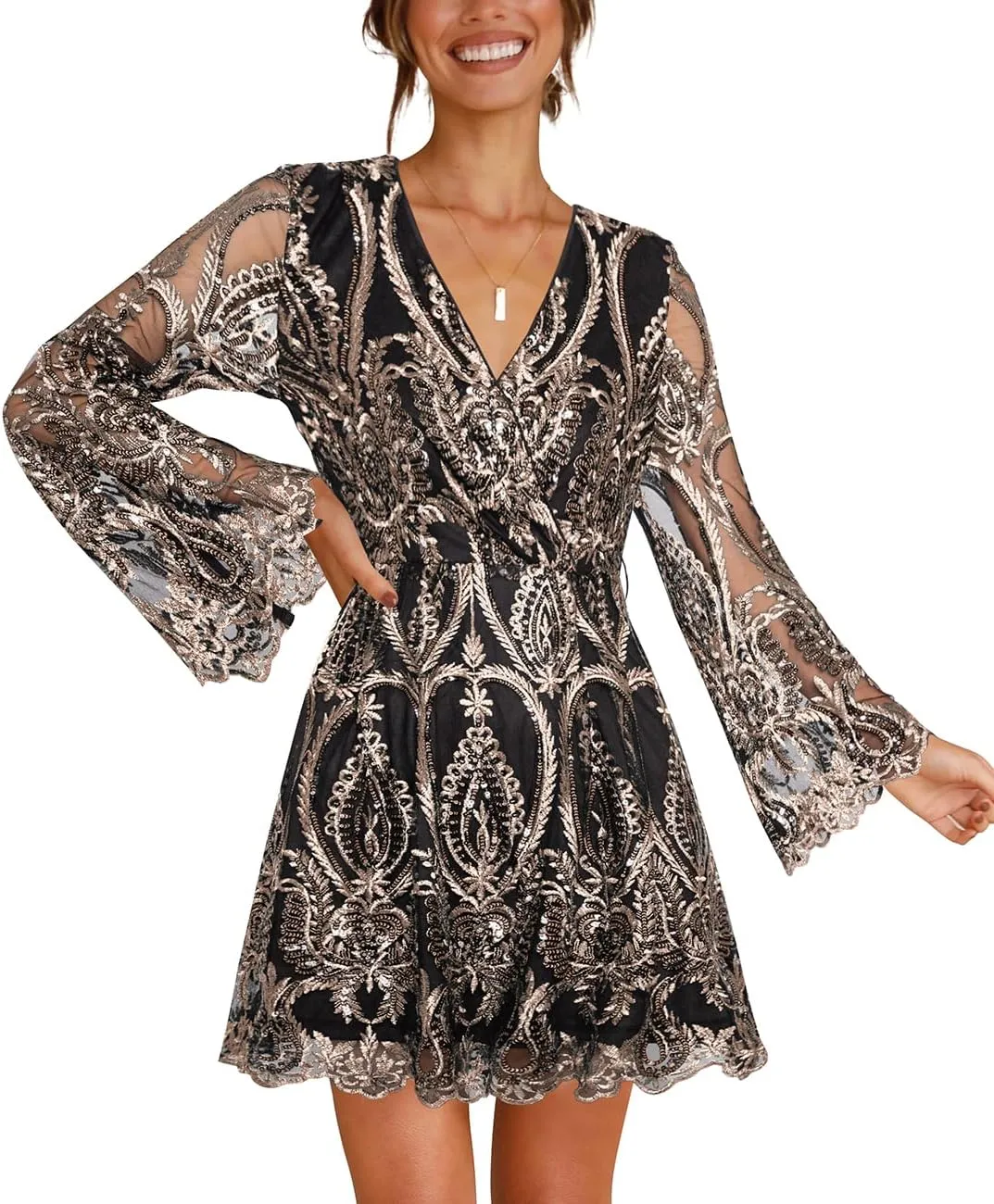 Women's Sequin Dress Long Sleeve Deep V Neck Embroidery Event Party Cocktail Mini Skater Dresses