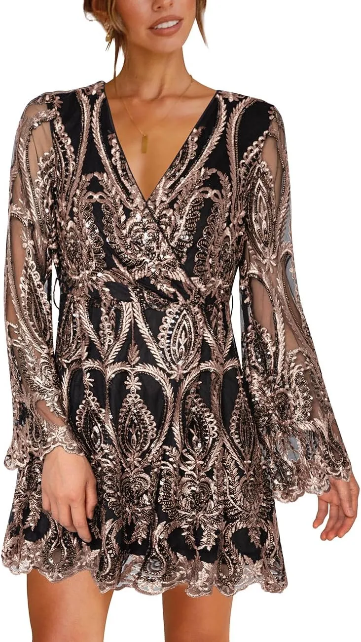 Women's Sequin Dress Long Sleeve Deep V Neck Embroidery Event Party Cocktail Mini Skater Dresses