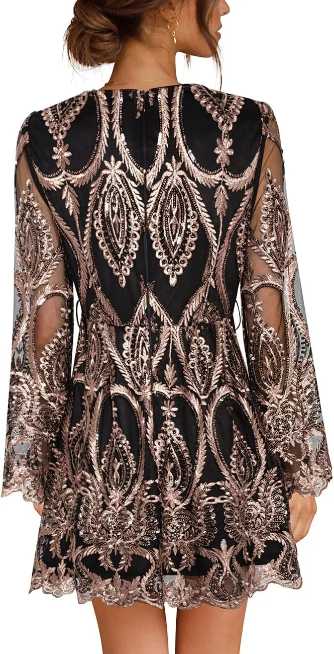 Women's Sequin Dress Long Sleeve Deep V Neck Embroidery Event Party Cocktail Mini Skater Dresses