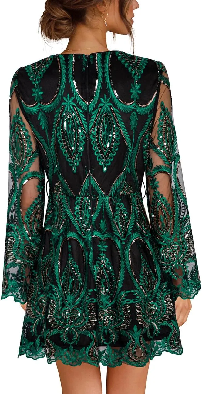 Women's Sequin Dress Long Sleeve Deep V Neck Embroidery Event Party Cocktail Mini Skater Dresses