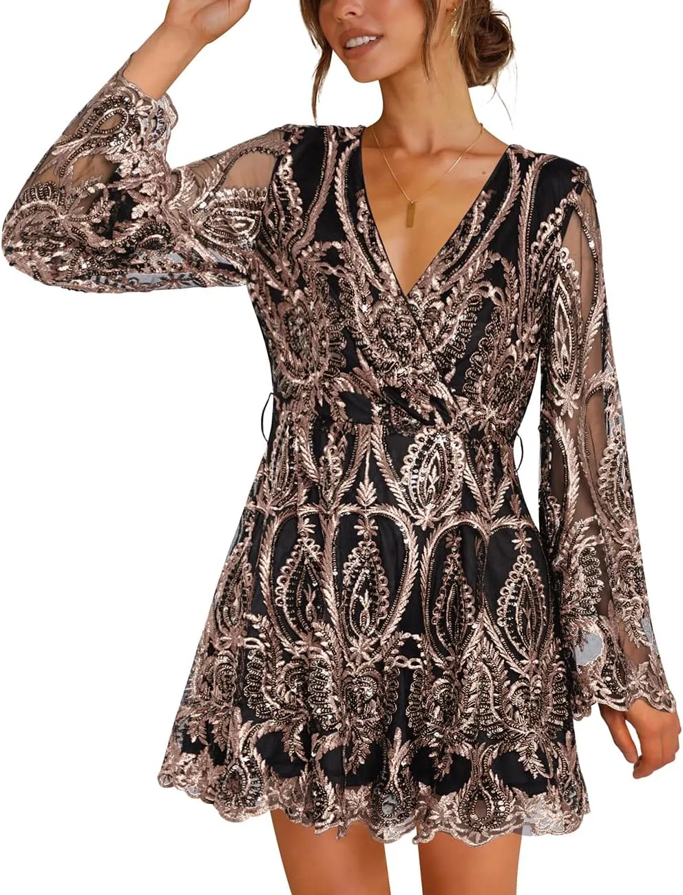 Women's Sequin Dress Long Sleeve Deep V Neck Embroidery Event Party Cocktail Mini Skater Dresses