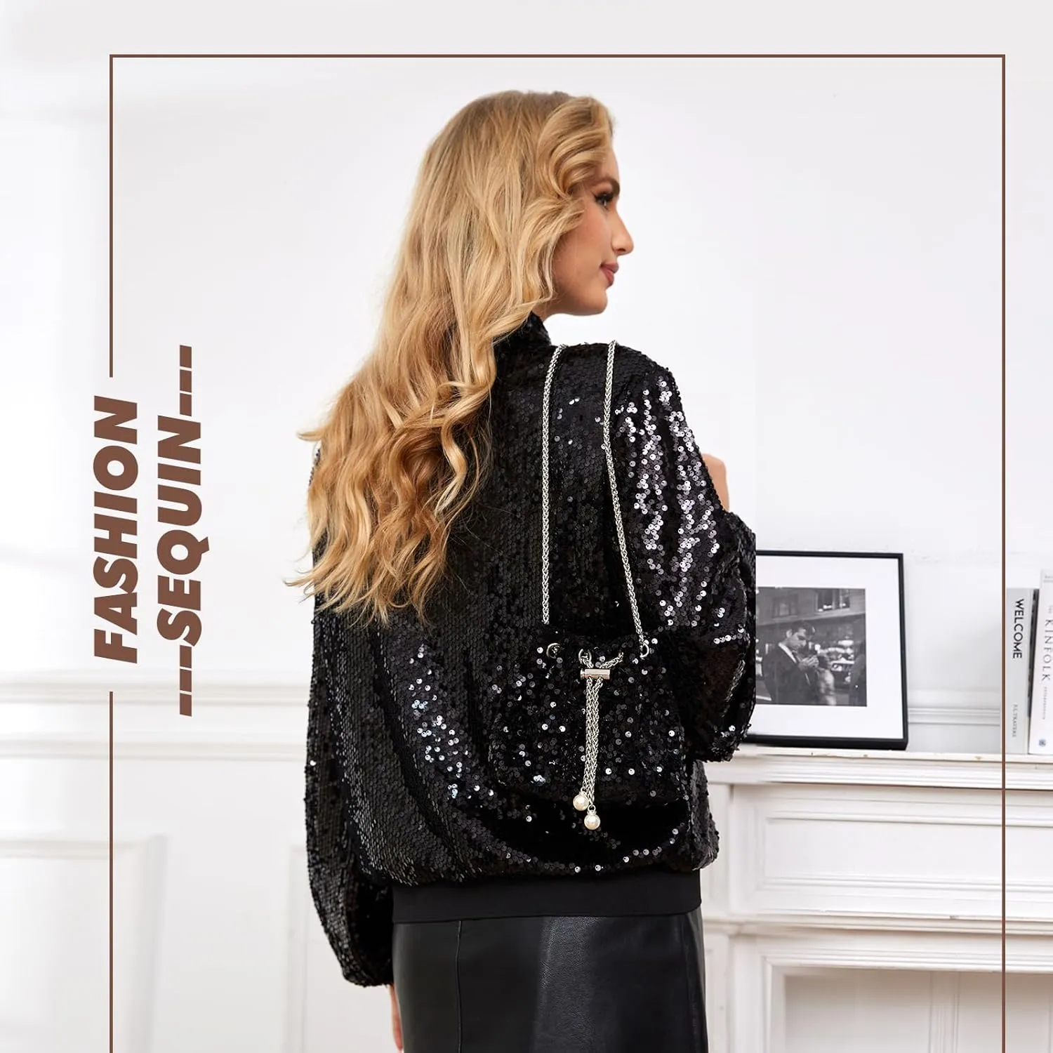 Women's Sequin Jacket with Handbags, Long Sleeve Sparkly Jacket Front Zipper with Ribbed Cuffs