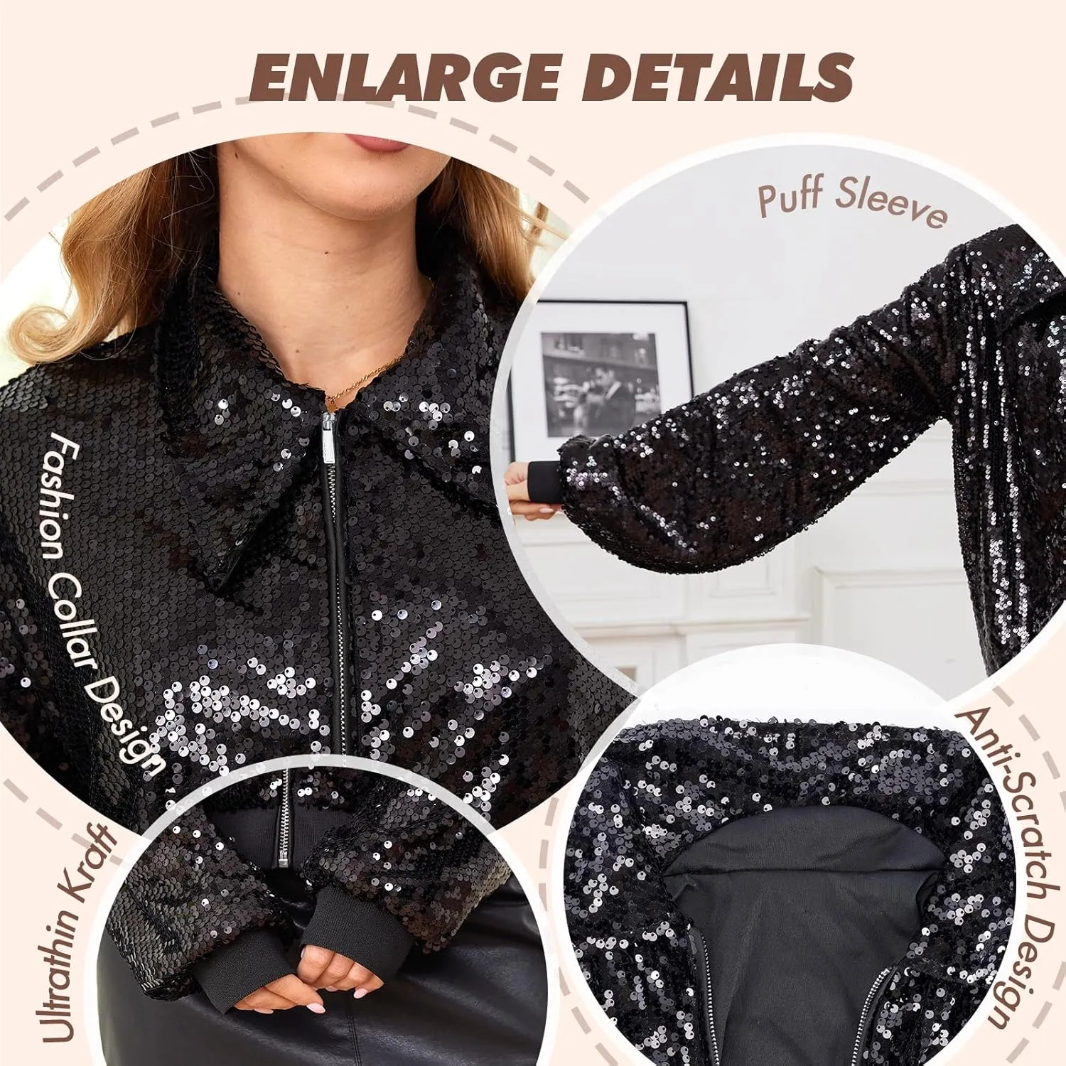 Women's Sequin Jacket with Handbags, Long Sleeve Sparkly Jacket Front Zipper with Ribbed Cuffs