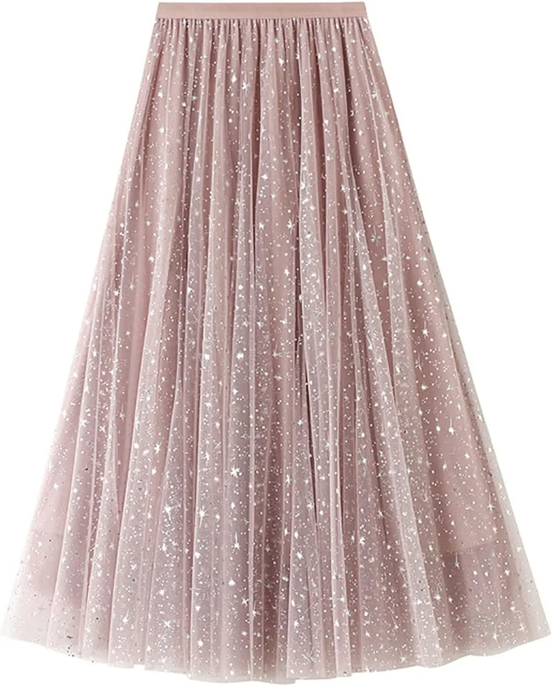 Womens Sequin Tulle Skirts Stretch Waist Layered Pleated A-Line Midi Skirt Prom Party Flowy Skirts