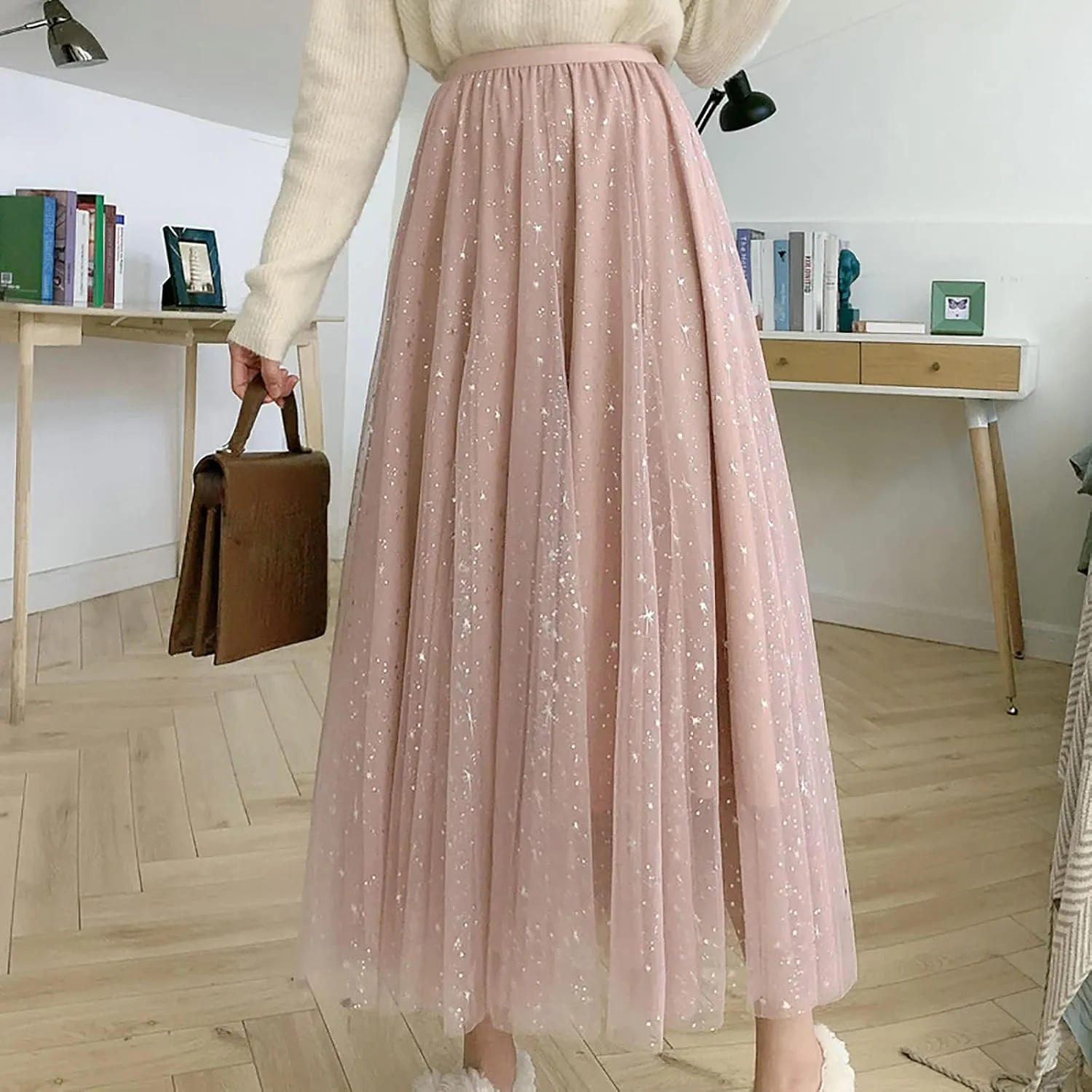 Womens Sequin Tulle Skirts Stretch Waist Layered Pleated A-Line Midi Skirt Prom Party Flowy Skirts