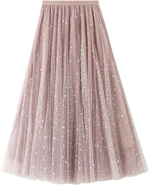 Womens Sequin Tulle Skirts Stretch Waist Layered Pleated A-Line Midi Skirt Prom Party Flowy Skirts