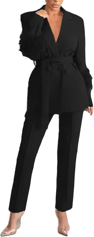 Womens Sexy 2 Pieces Feather Belted Blazer Jackets Bodycon Pants Party Clubwear Tracksuit Outfits Suit Set