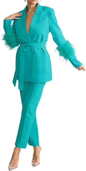 Womens Sexy 2 Pieces Feather Belted Blazer Jackets Bodycon Pants Party Clubwear Tracksuit Outfits Suit Set