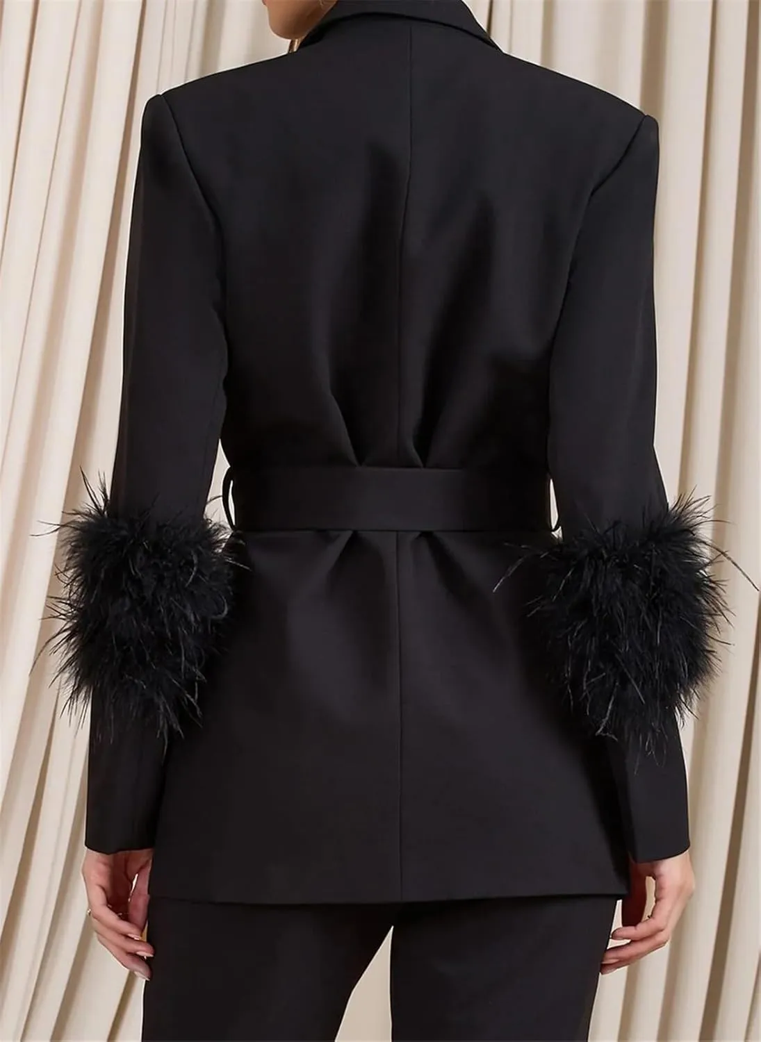 Womens Sexy 2 Pieces Feather Belted Blazer Jackets Bodycon Pants Party Clubwear Tracksuit Outfits Suit Set