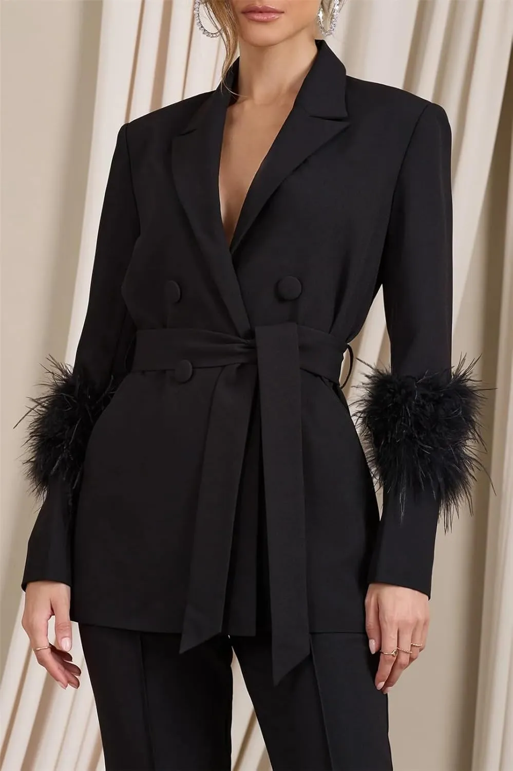 Womens Sexy 2 Pieces Feather Belted Blazer Jackets Bodycon Pants Party Clubwear Tracksuit Outfits Suit Set