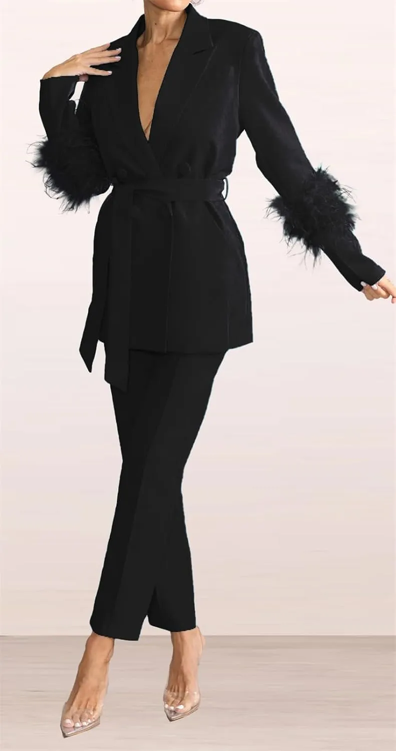 Womens Sexy 2 Pieces Feather Belted Blazer Jackets Bodycon Pants Party Clubwear Tracksuit Outfits Suit Set
