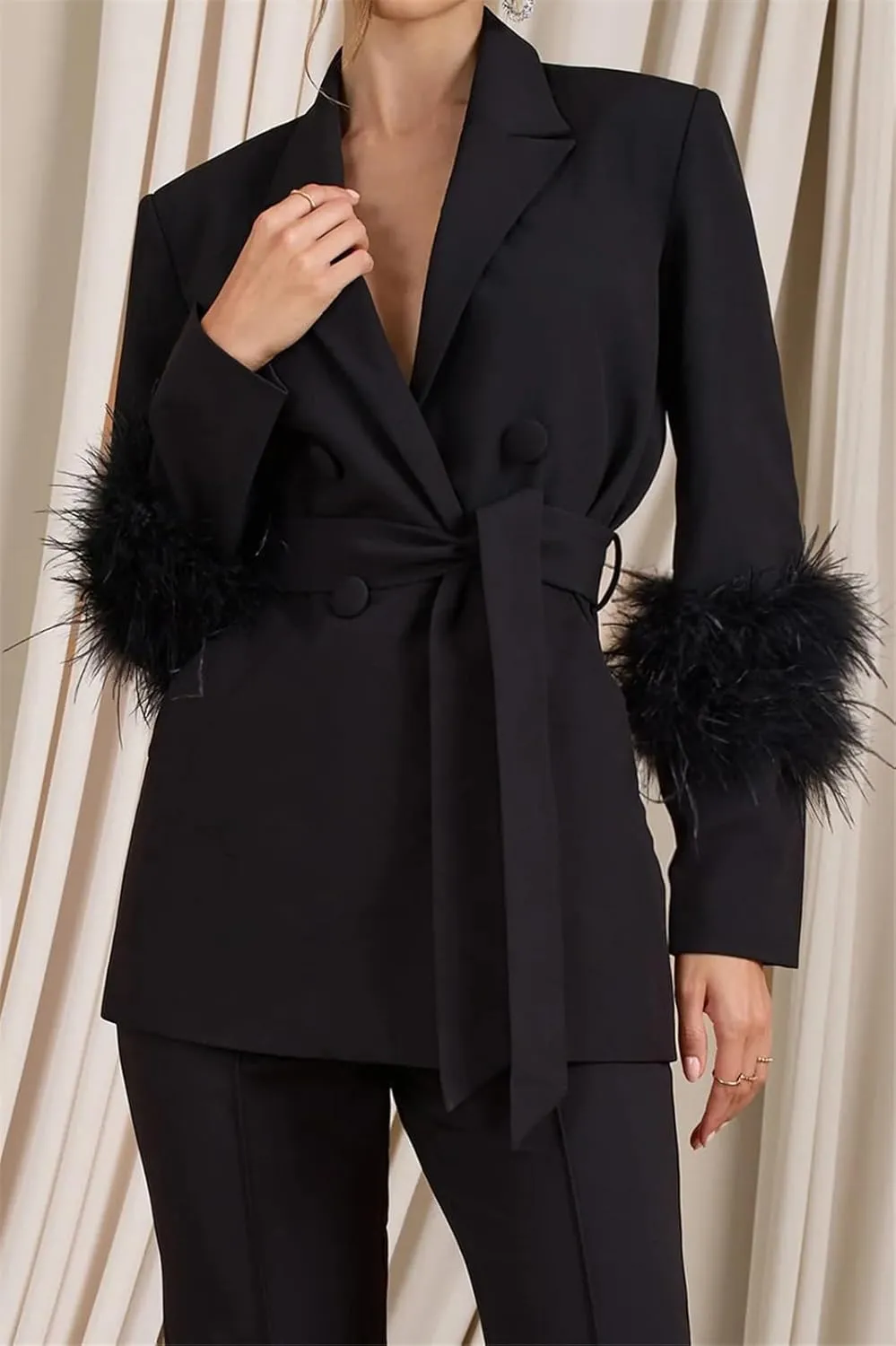 Womens Sexy 2 Pieces Feather Belted Blazer Jackets Bodycon Pants Party Clubwear Tracksuit Outfits Suit Set