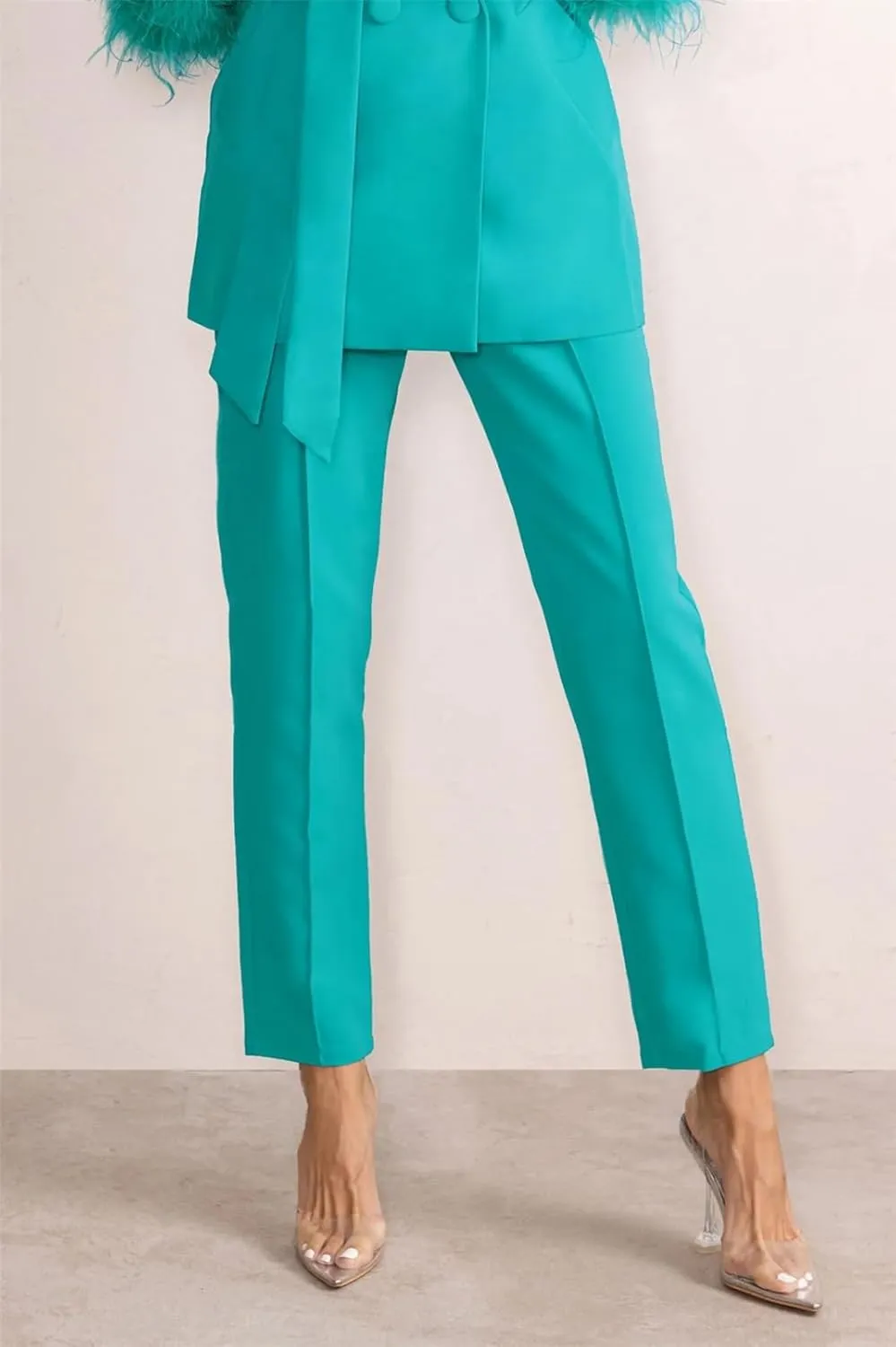 Womens Sexy 2 Pieces Feather Belted Blazer Jackets Bodycon Pants Party Clubwear Tracksuit Outfits Suit Set