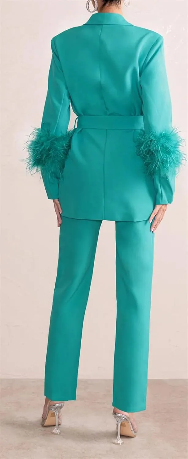 Womens Sexy 2 Pieces Feather Belted Blazer Jackets Bodycon Pants Party Clubwear Tracksuit Outfits Suit Set
