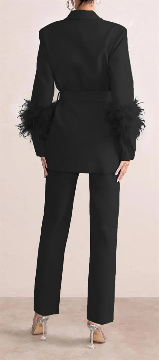 Womens Sexy 2 Pieces Feather Belted Blazer Jackets Bodycon Pants Party Clubwear Tracksuit Outfits Suit Set