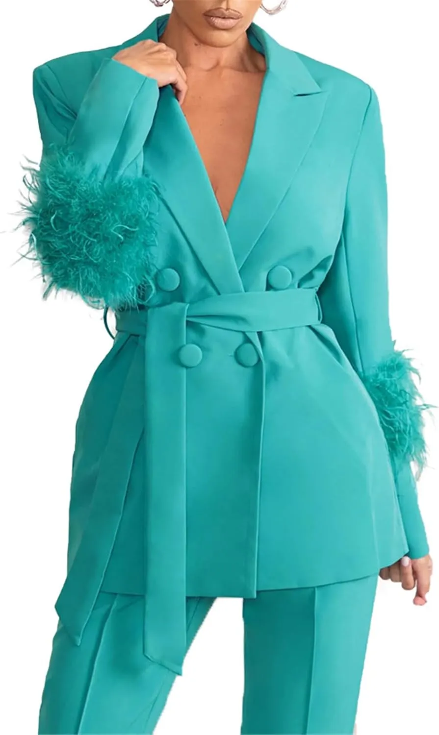 Womens Sexy 2 Pieces Feather Belted Blazer Jackets Bodycon Pants Party Clubwear Tracksuit Outfits Suit Set