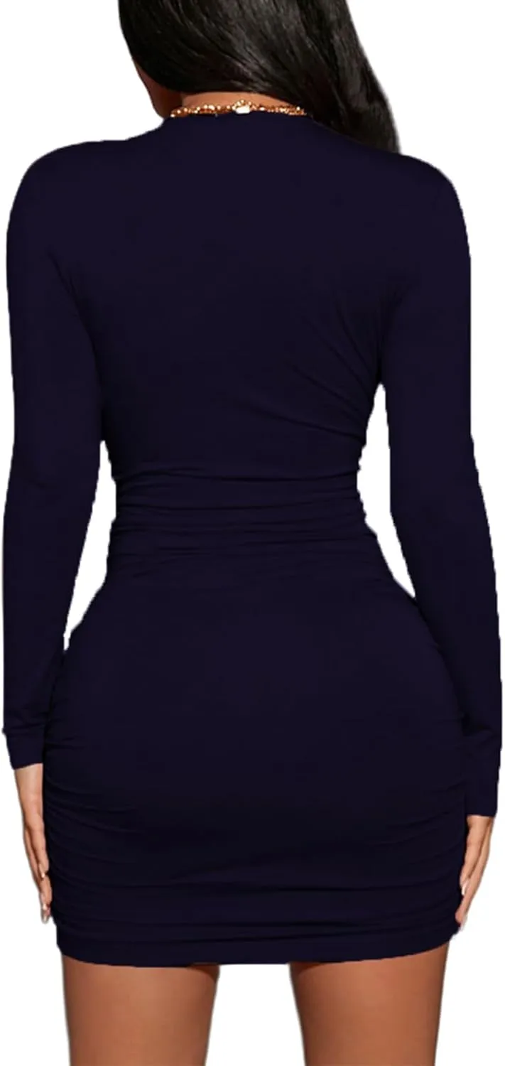 Women's Sexy Deep V Neck Long Sleeve Ruched Bodycon Mini Dress for Women Party Club Night Dresses