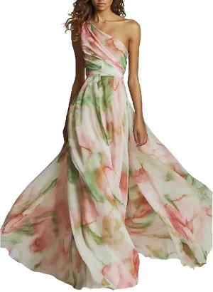 Women's Sexy One Shoulder Floral Print Pleated Maxi Dress Sleeveless High Slit Formal Evening Party Bridesmaid Dresses