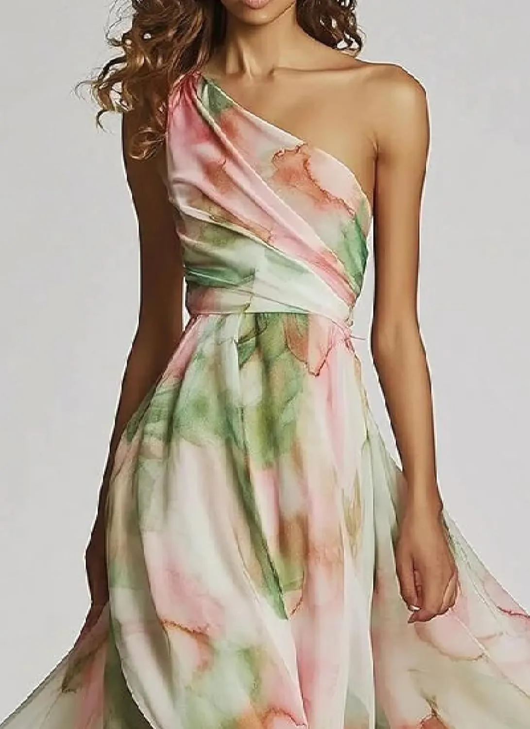 Women's Sexy One Shoulder Floral Print Pleated Maxi Dress Sleeveless High Slit Formal Evening Party Bridesmaid Dresses