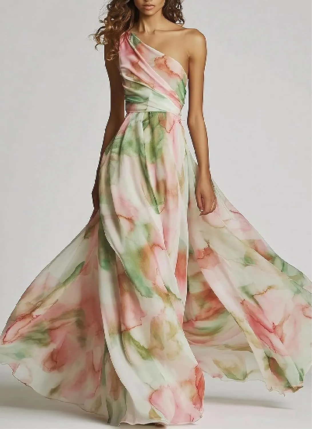 Women's Sexy One Shoulder Floral Print Pleated Maxi Dress Sleeveless High Slit Formal Evening Party Bridesmaid Dresses