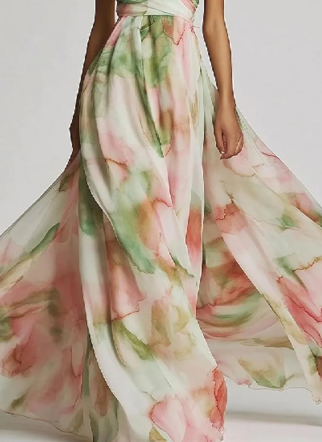 Women's Sexy One Shoulder Floral Print Pleated Maxi Dress Sleeveless High Slit Formal Evening Party Bridesmaid Dresses