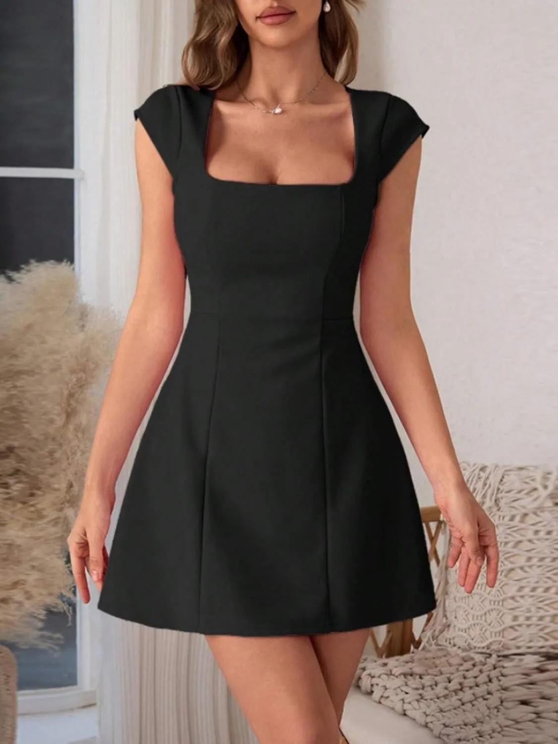 Women's Short Sleeve Square Neck A-Line Mini Dress, Fall Backless Fashion Dresses for Women