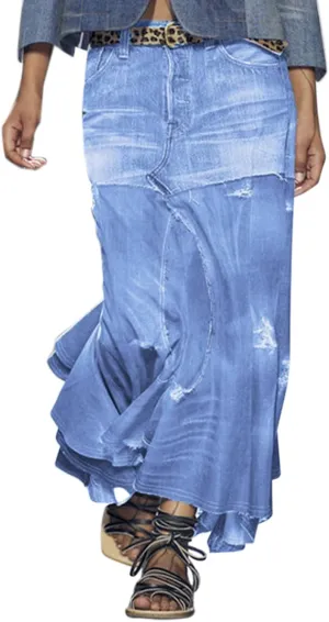 Womens Skirt High Waisted Washed Fashion Versatile Denim Long Skirt Midi Length A Line Denim Long Denim Skirts