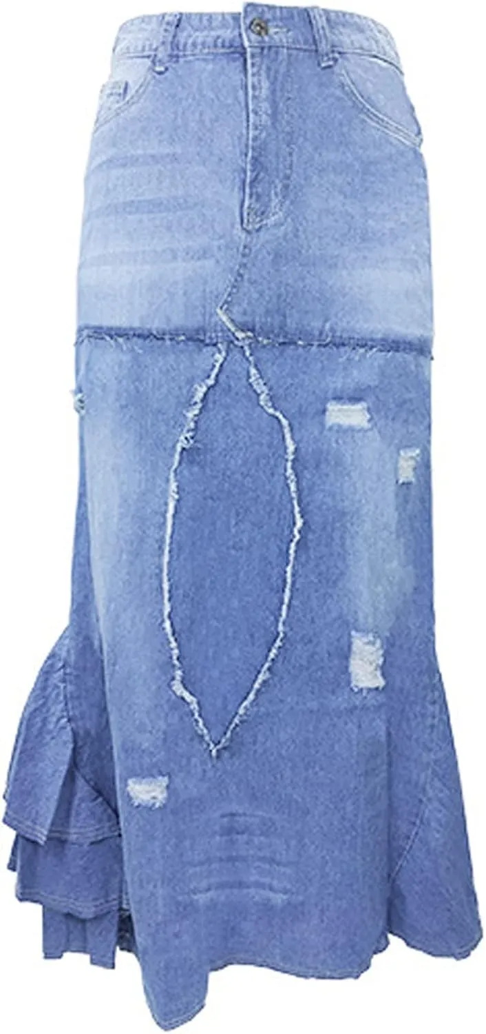Womens Skirt High Waisted Washed Fashion Versatile Denim Long Skirt Midi Length A Line Denim Long Denim Skirts