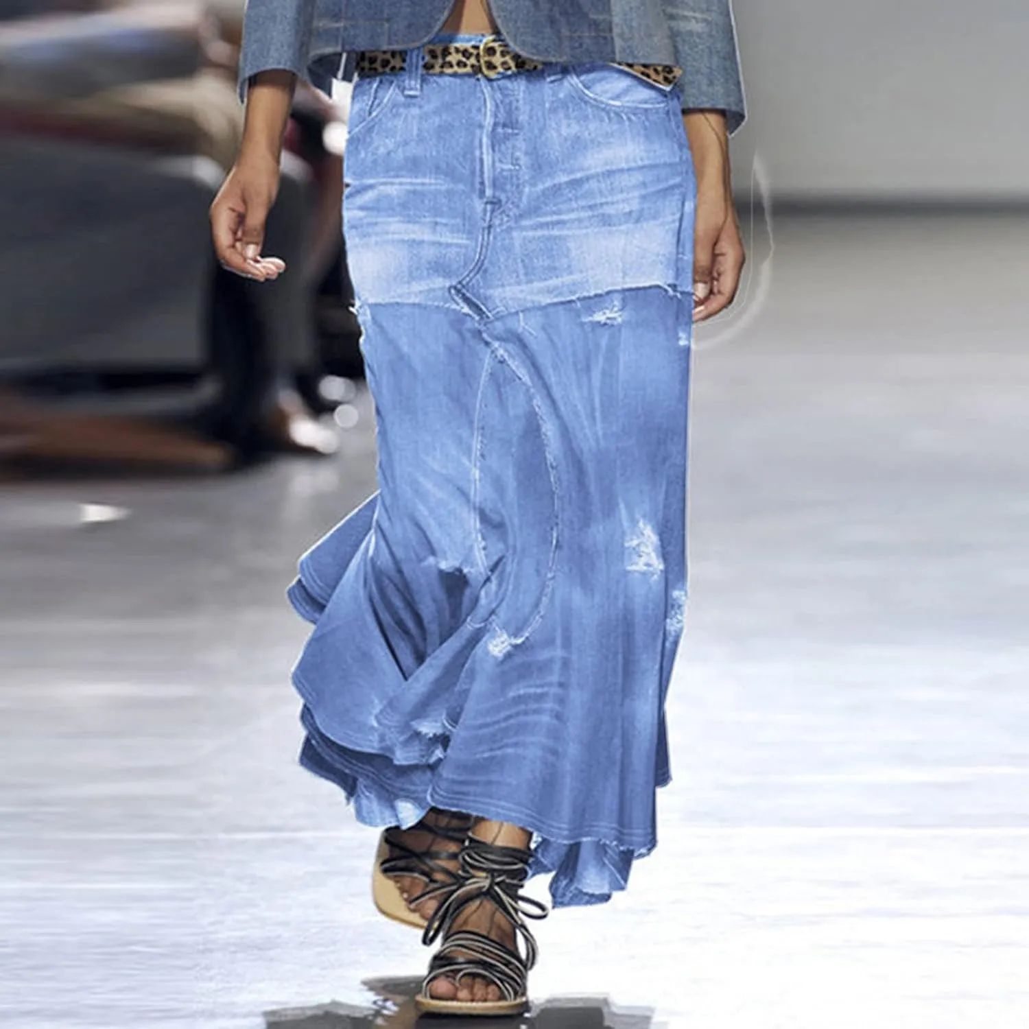 Womens Skirt High Waisted Washed Fashion Versatile Denim Long Skirt Midi Length A Line Denim Long Denim Skirts