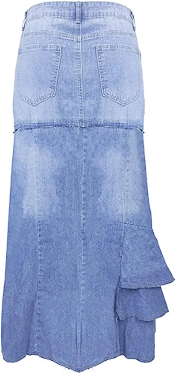 Womens Skirt High Waisted Washed Fashion Versatile Denim Long Skirt Midi Length A Line Denim Long Denim Skirts