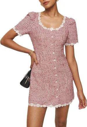 Women's Square Neck Tweed Mini Dress Short Sleeve Button Front Cocktail Party Dress