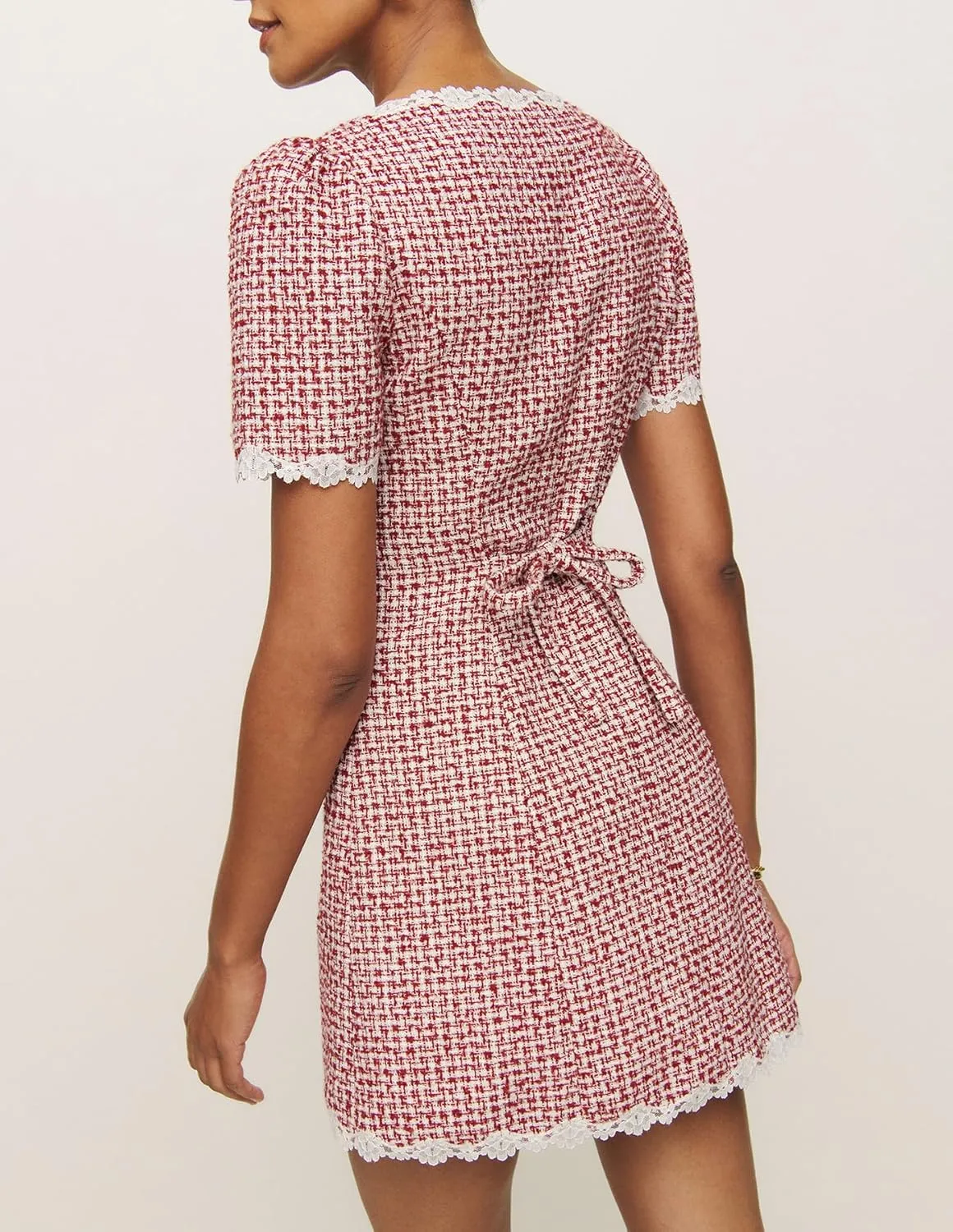 Women's Square Neck Tweed Mini Dress Short Sleeve Button Front Cocktail Party Dress