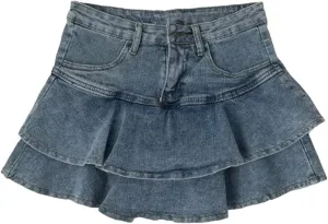 Women's Stretch Slimming A-Line Jean Short Skirt Summer High-Waisted Double Denim Skirt