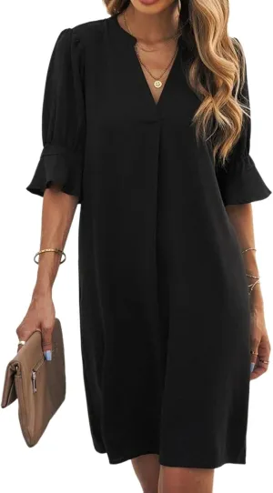 Womens Summer Casual Elegant Black Bell Cuffs Short Sleeve V Neck Ruffle Loose Flowy Business Party Mini Dress