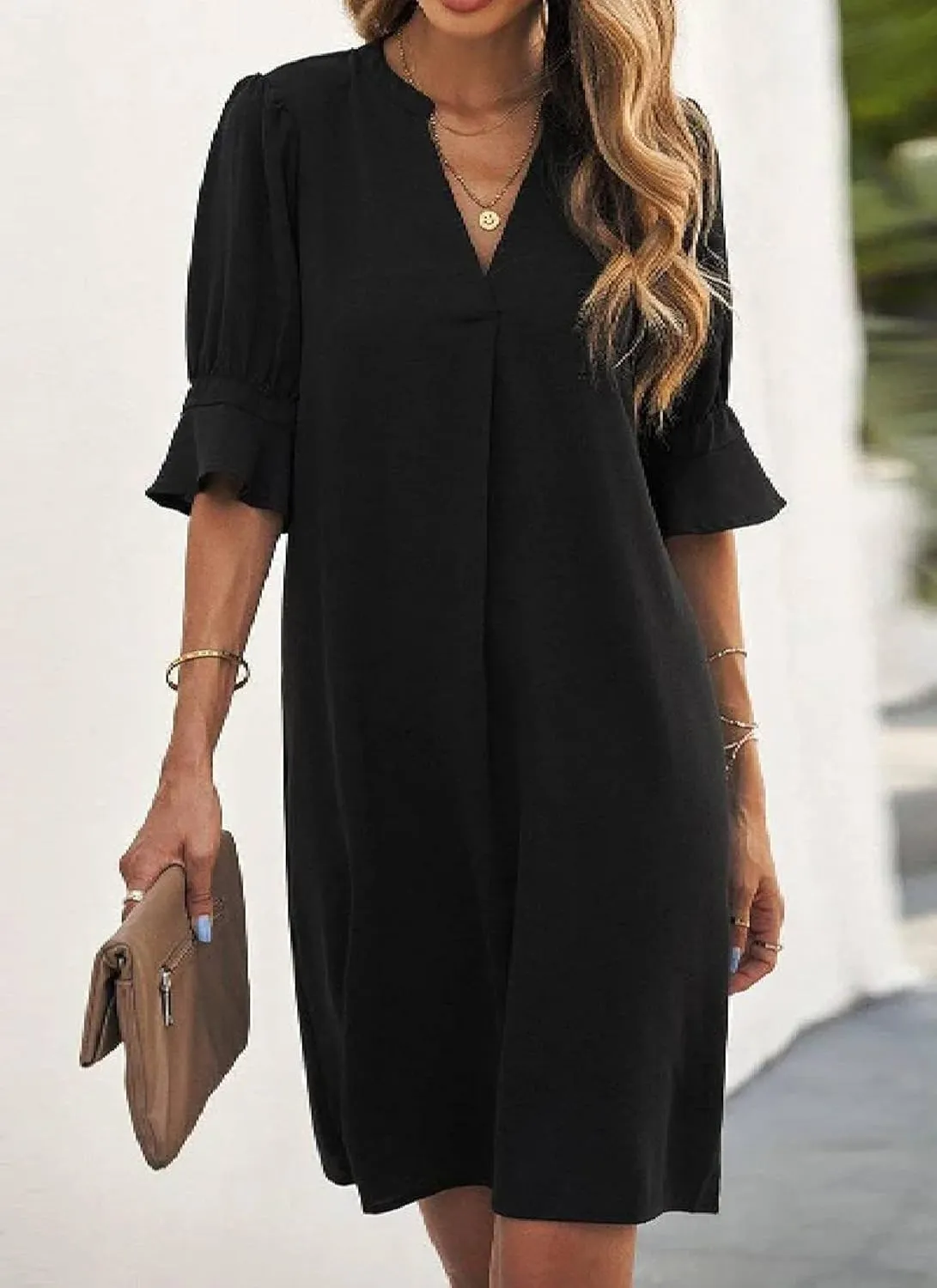 Womens Summer Casual Elegant Black Bell Cuffs Short Sleeve V Neck Ruffle Loose Flowy Business Party Mini Dress