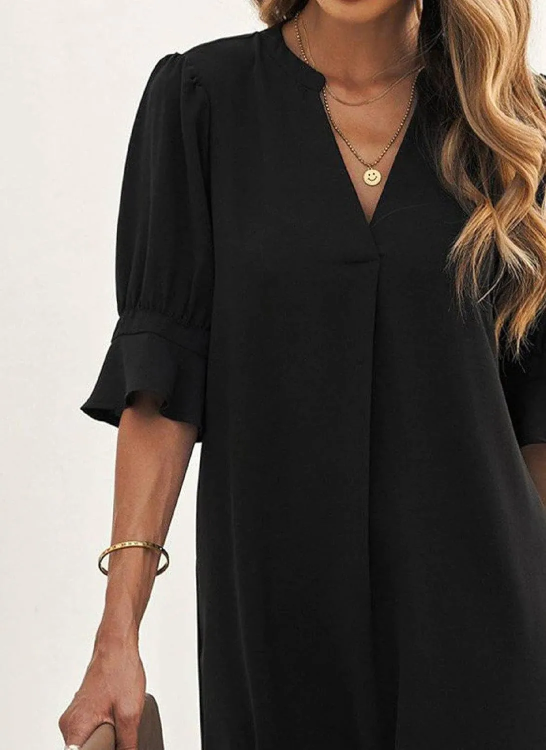 Womens Summer Casual Elegant Black Bell Cuffs Short Sleeve V Neck Ruffle Loose Flowy Business Party Mini Dress