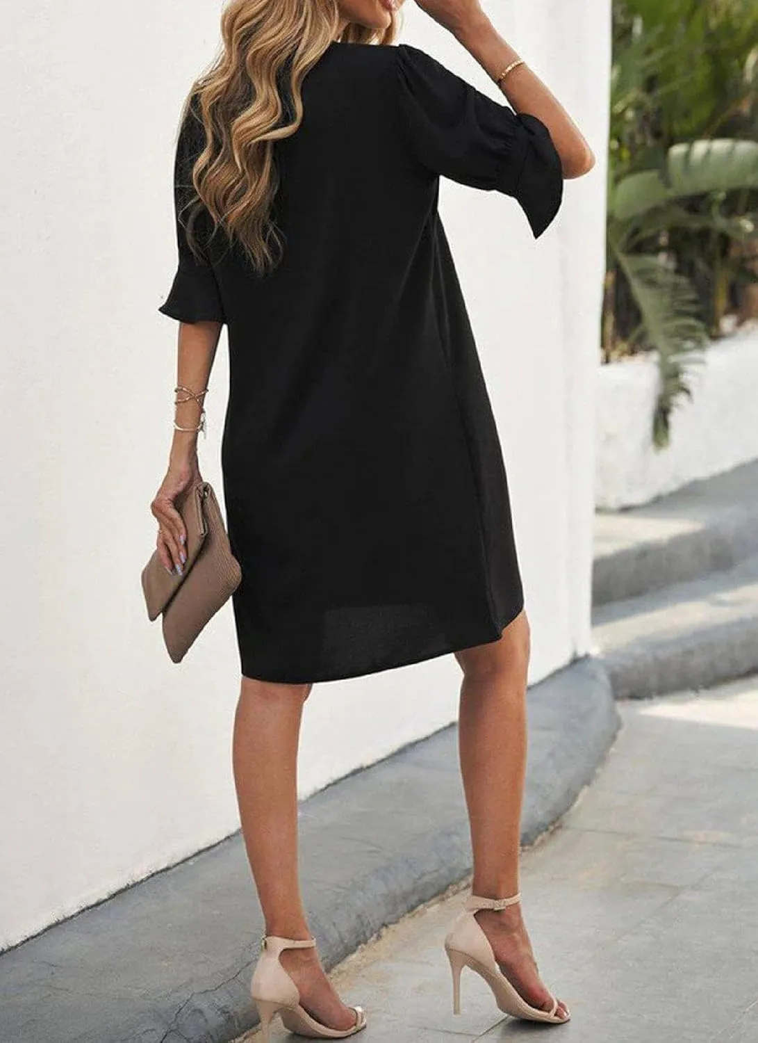 Womens Summer Casual Elegant Black Bell Cuffs Short Sleeve V Neck Ruffle Loose Flowy Business Party Mini Dress