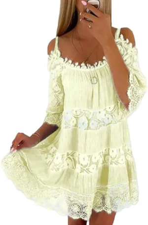 Womens Summer Cold Shoulder Lace Floral Flowy Dress Short Sleeve Tiered Babydoll Mini Dresses