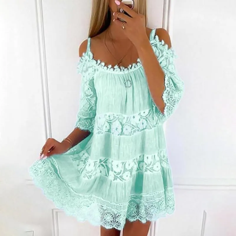 Womens Summer Cold Shoulder Lace Floral Flowy Dress Short Sleeve Tiered Babydoll Mini Dresses