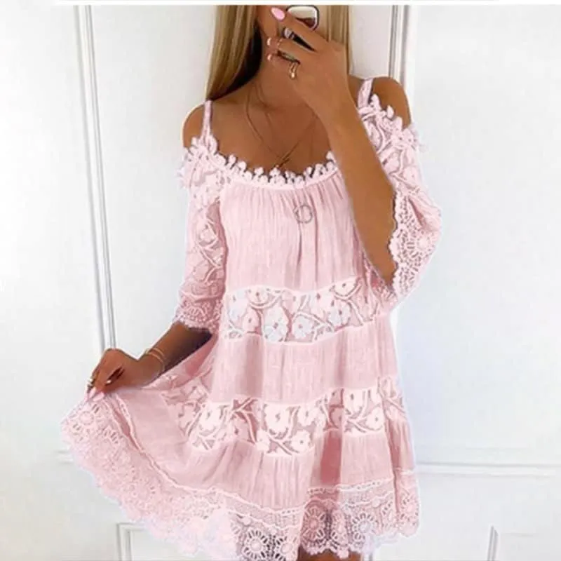 Womens Summer Cold Shoulder Lace Floral Flowy Dress Short Sleeve Tiered Babydoll Mini Dresses